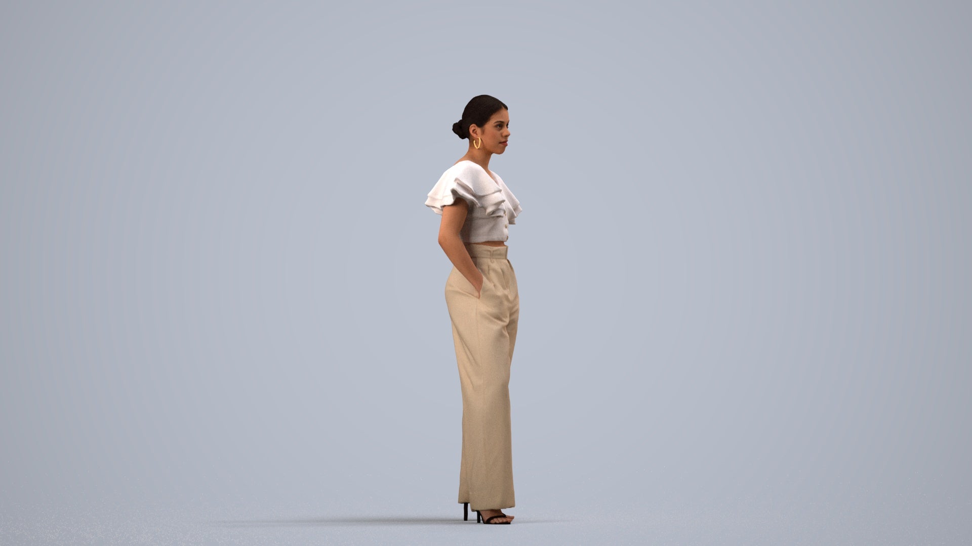3D scanned woman standing business, photorealistic archviz people for Enscape and SketchUp, side view render