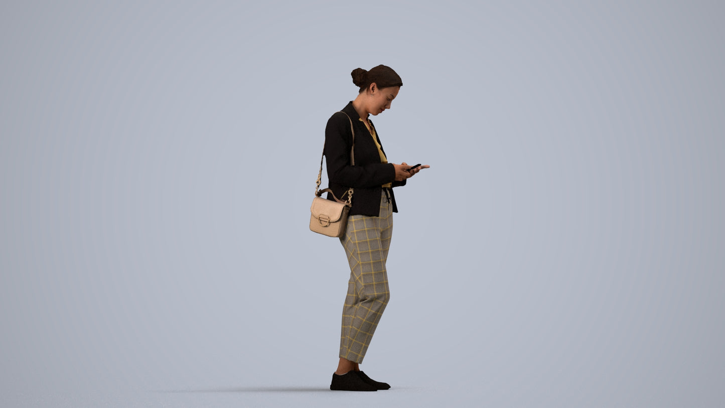 3D human model woman business standing, photogrammetry scanned person for archviz, side view render