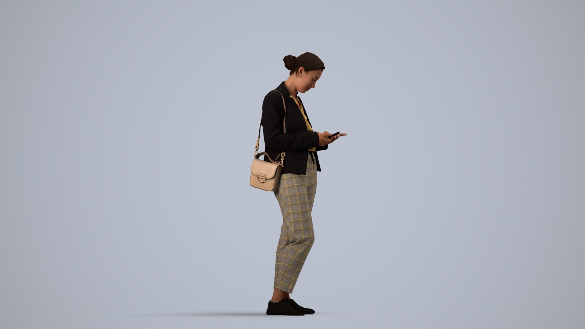 3D human model woman business standing, photogrammetry scanned person for archviz, side view render