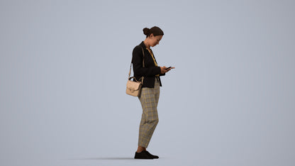 3D human model woman business standing, photogrammetry scanned person for archviz, side view render