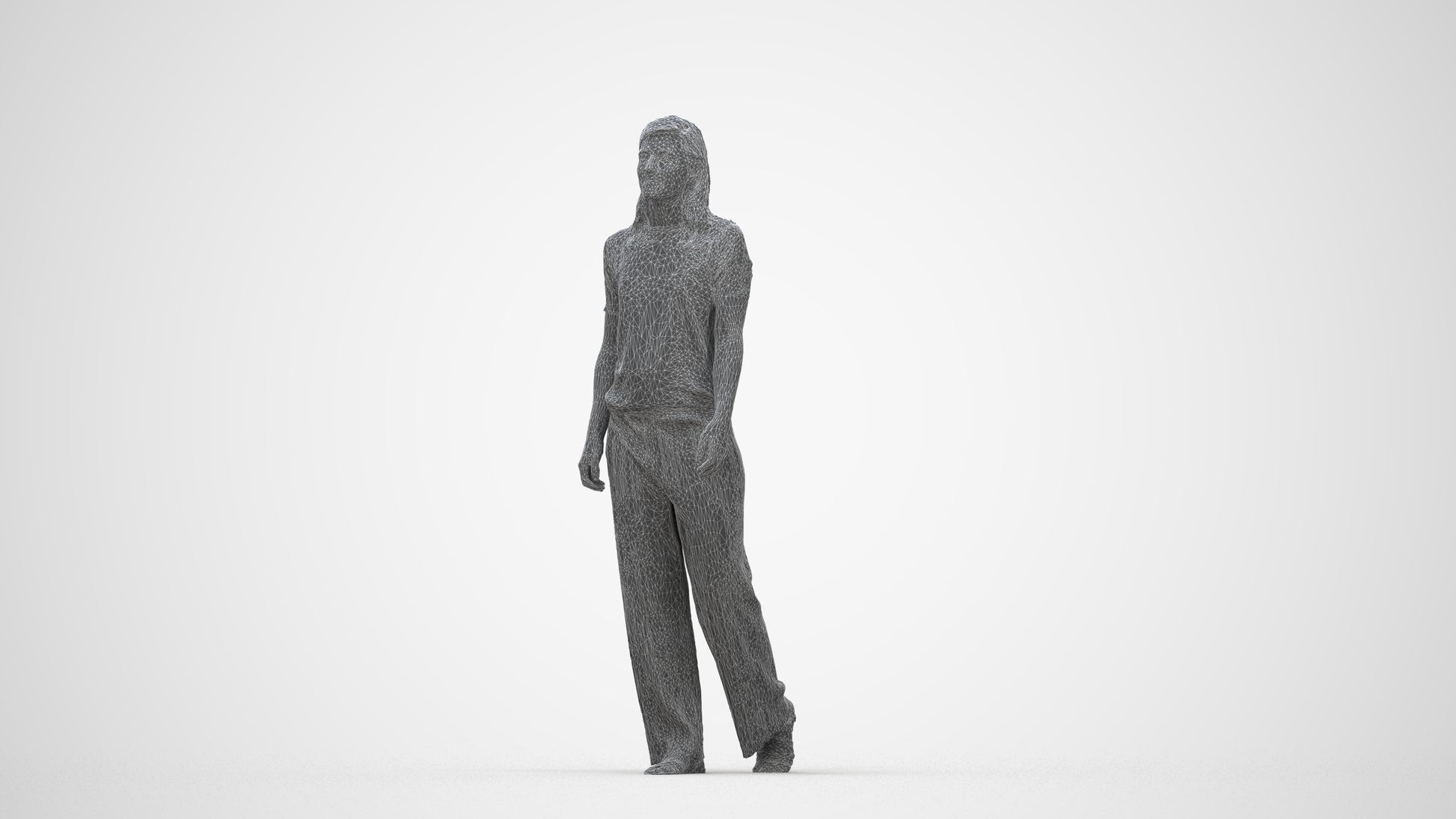 3D scanned woman walking casual, photorealistic archviz people for Enscape and SketchUp, wireframe back view