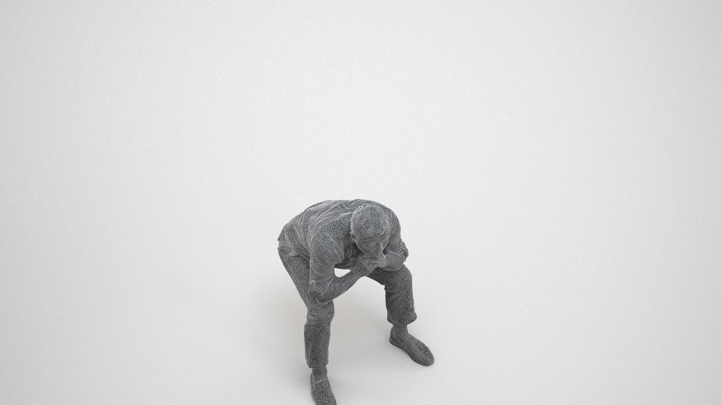realistic 3D human man casual sitting, archviz people FBX OBJ for Blender, wireframe three-quarter view