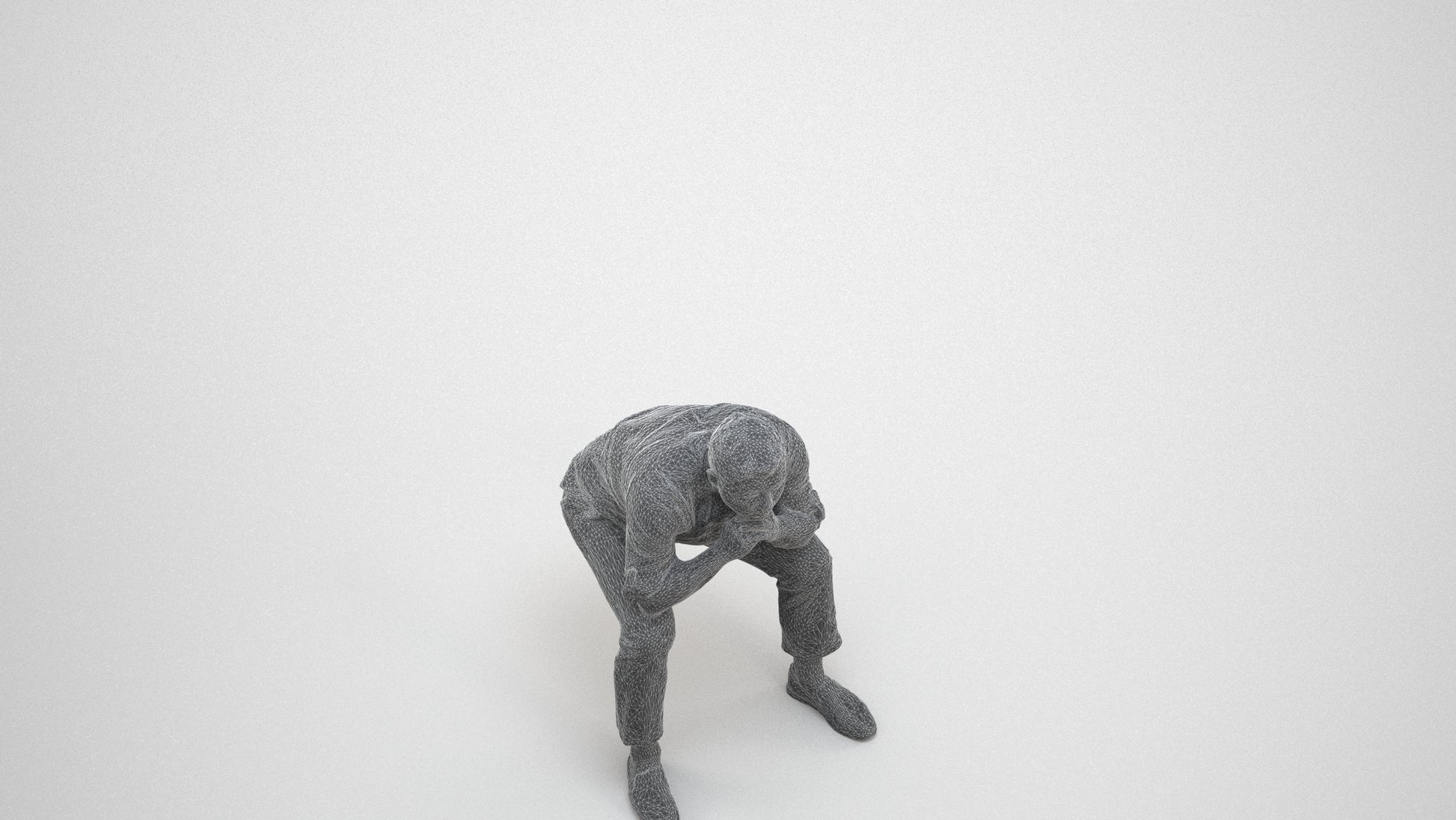 realistic 3D human man casual sitting, archviz people FBX OBJ for Blender, wireframe three-quarter view