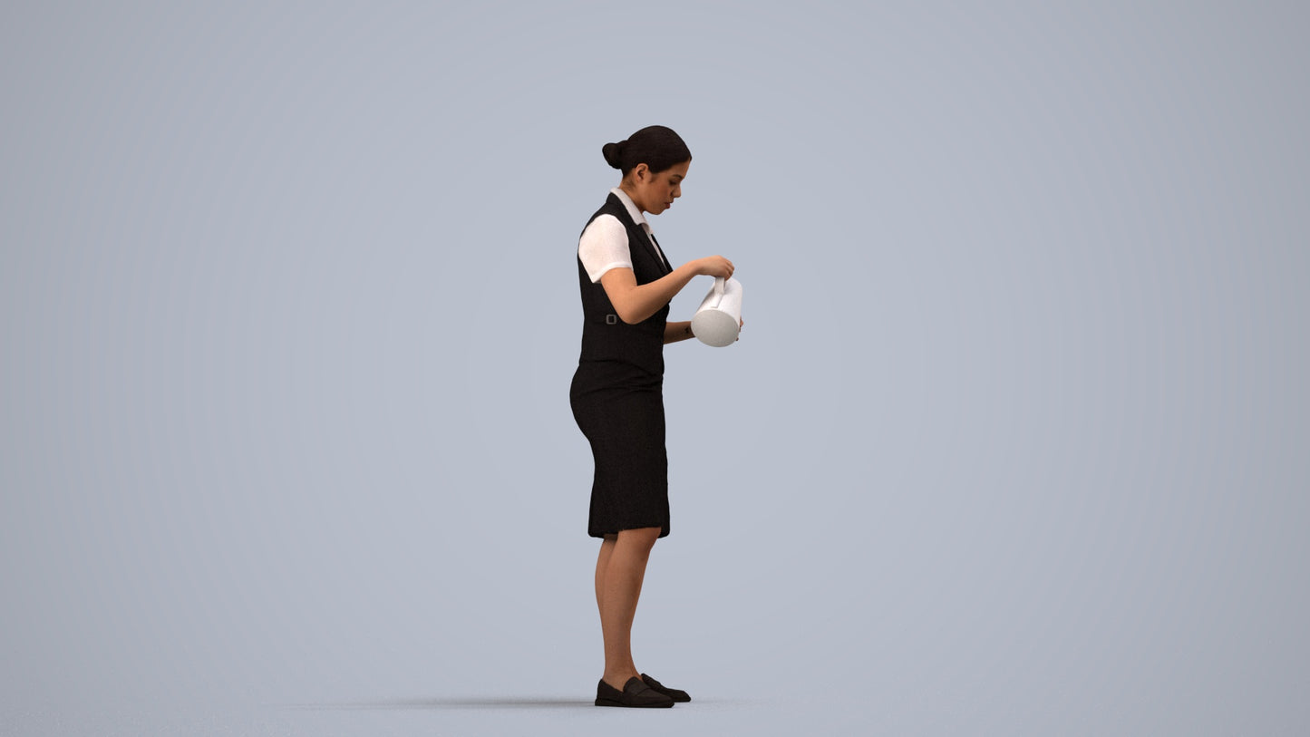 realistic 3D woman hospitality, scanned archviz people for Blender and 3ds Max, side view render