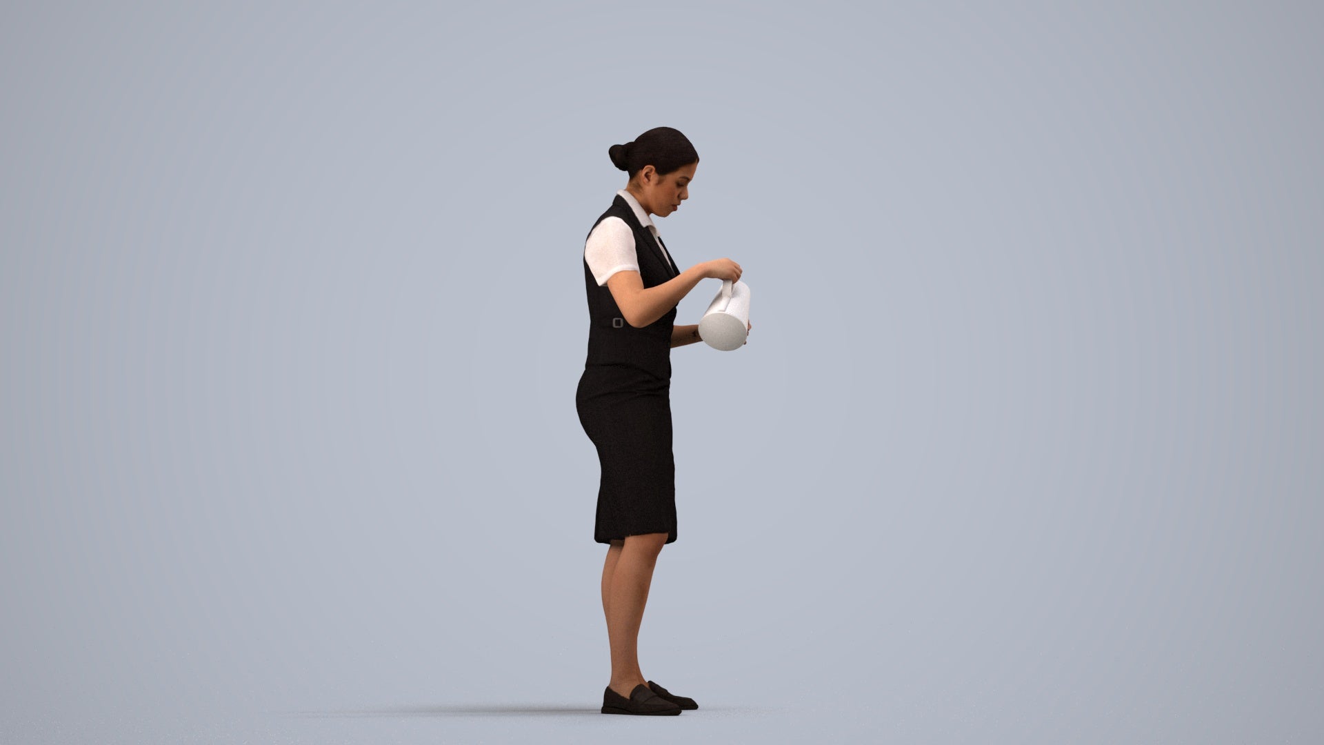 realistic 3D woman hospitality, scanned archviz people for Blender and 3ds Max, side view render