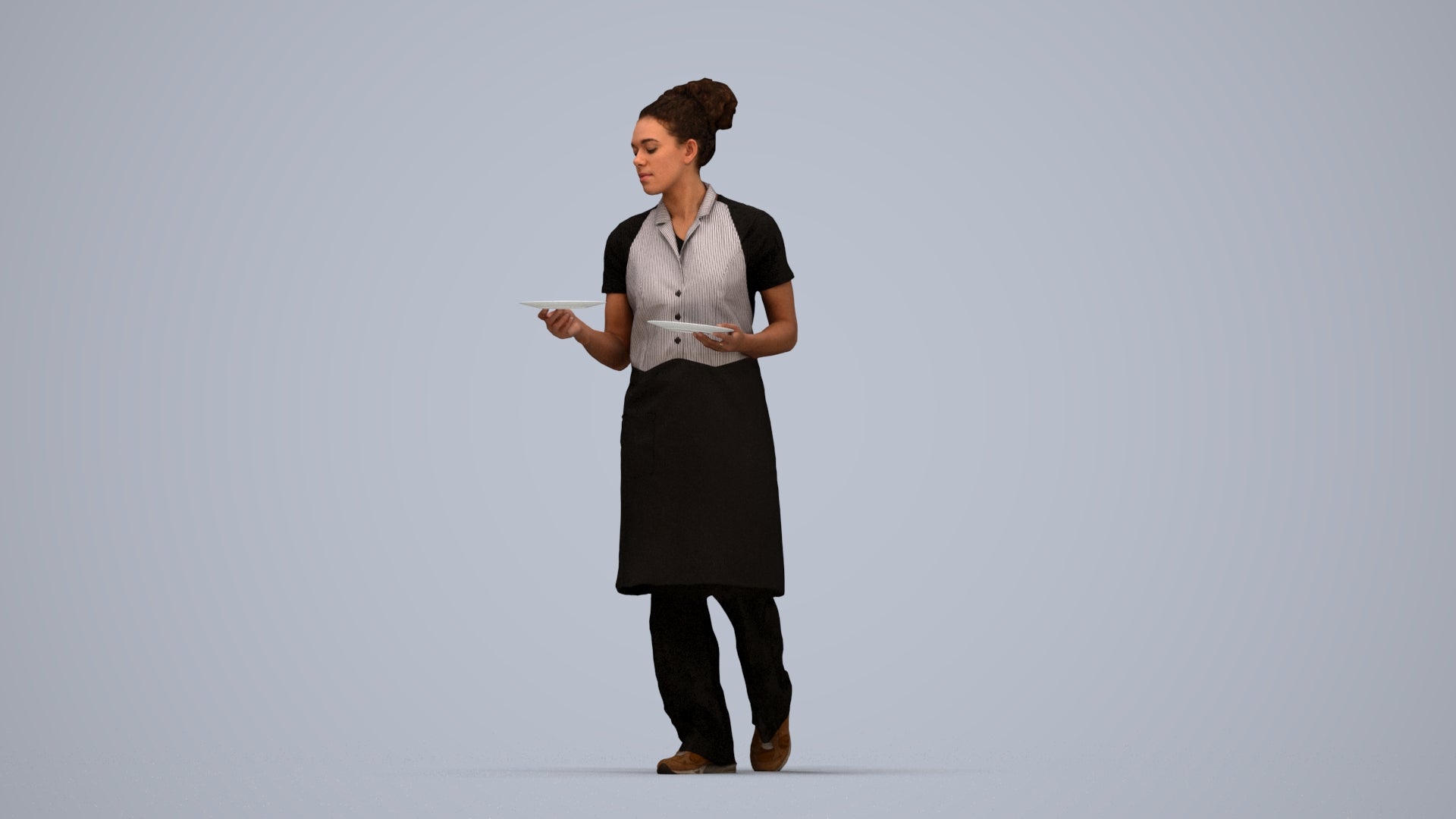 realistic 3D woman hospitality, scanned archviz people for Blender and 3ds Max, top-down view render