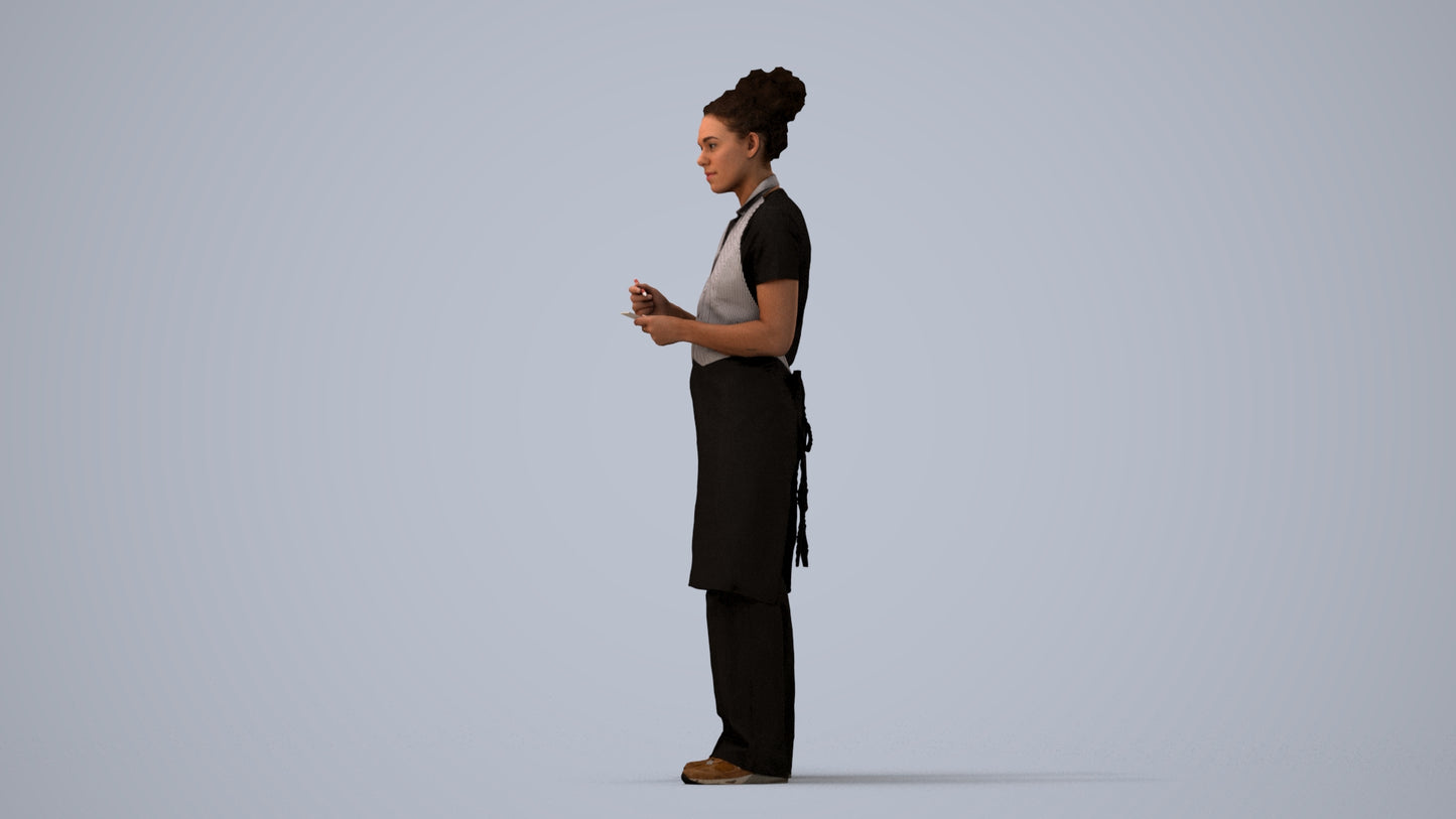 3D scanned woman hospitality, photorealistic archviz people for Enscape and SketchUp, three-quarter view render
