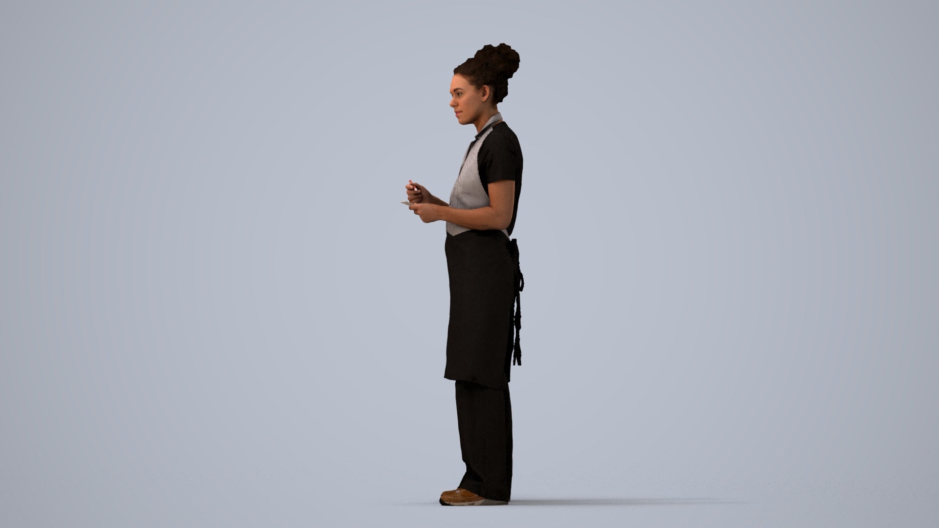 3D scanned woman hospitality, photorealistic archviz people for Enscape and SketchUp, three-quarter view render