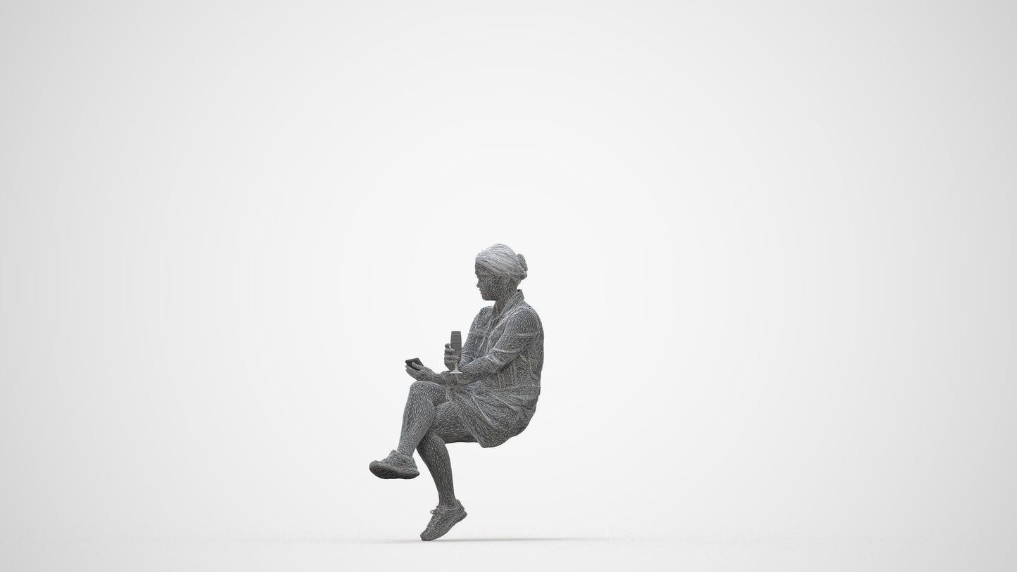 3D people model woman casual sitting, scanned human for 3ds Max rendering, wireframe back view