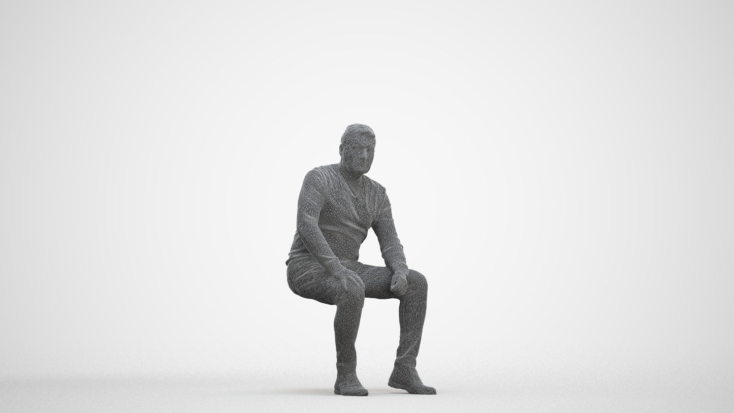 3D people model man casual sitting, scanned human for 3ds Max rendering, three-quarter front view render