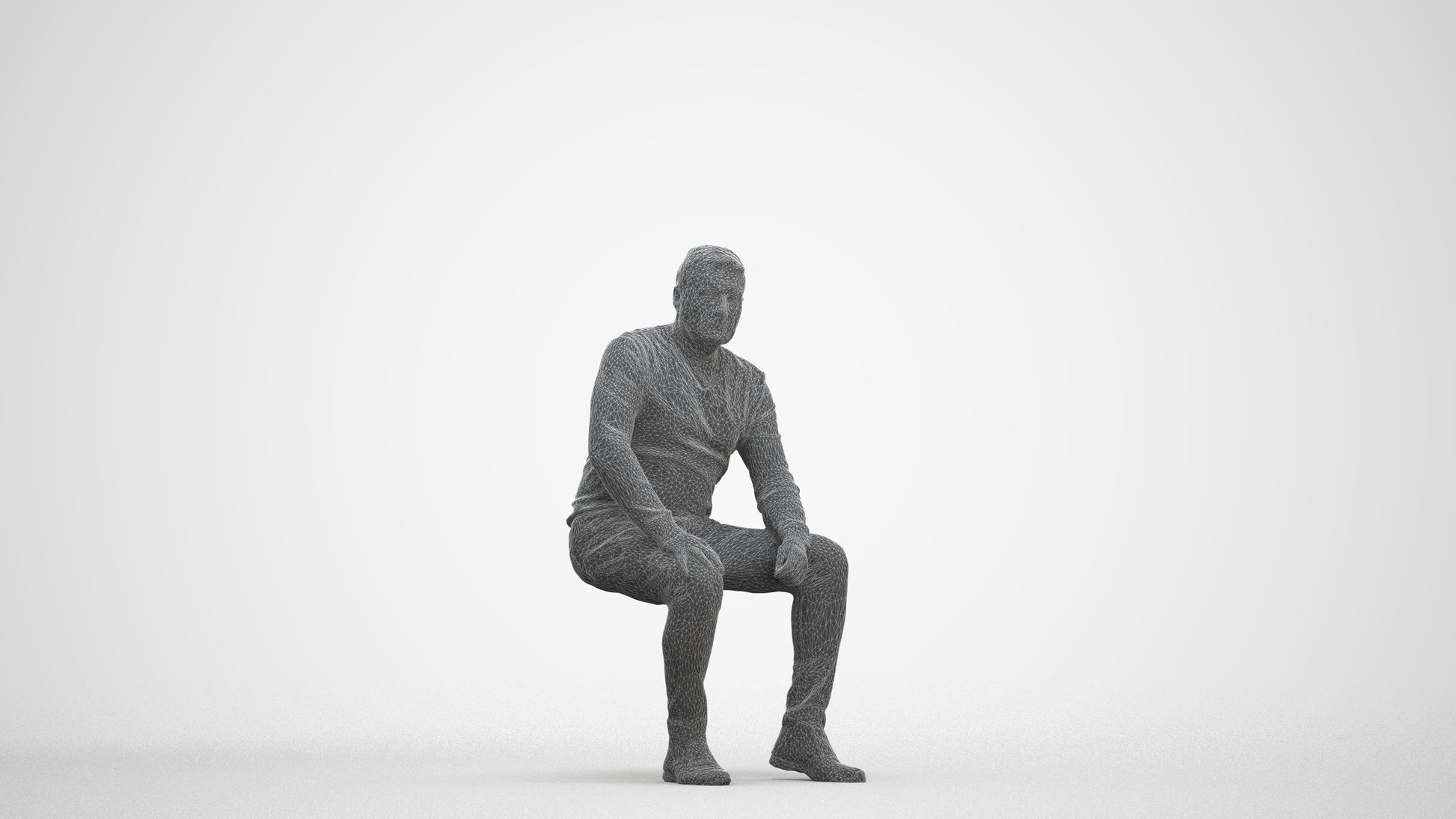 3D people model man casual sitting, scanned human for 3ds Max rendering, three-quarter front view render