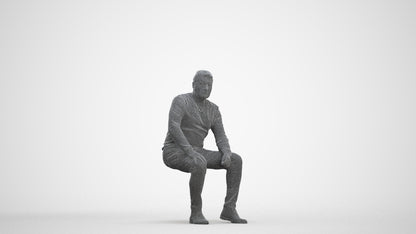 3D people model man casual sitting, scanned human for 3ds Max rendering, three-quarter front view render