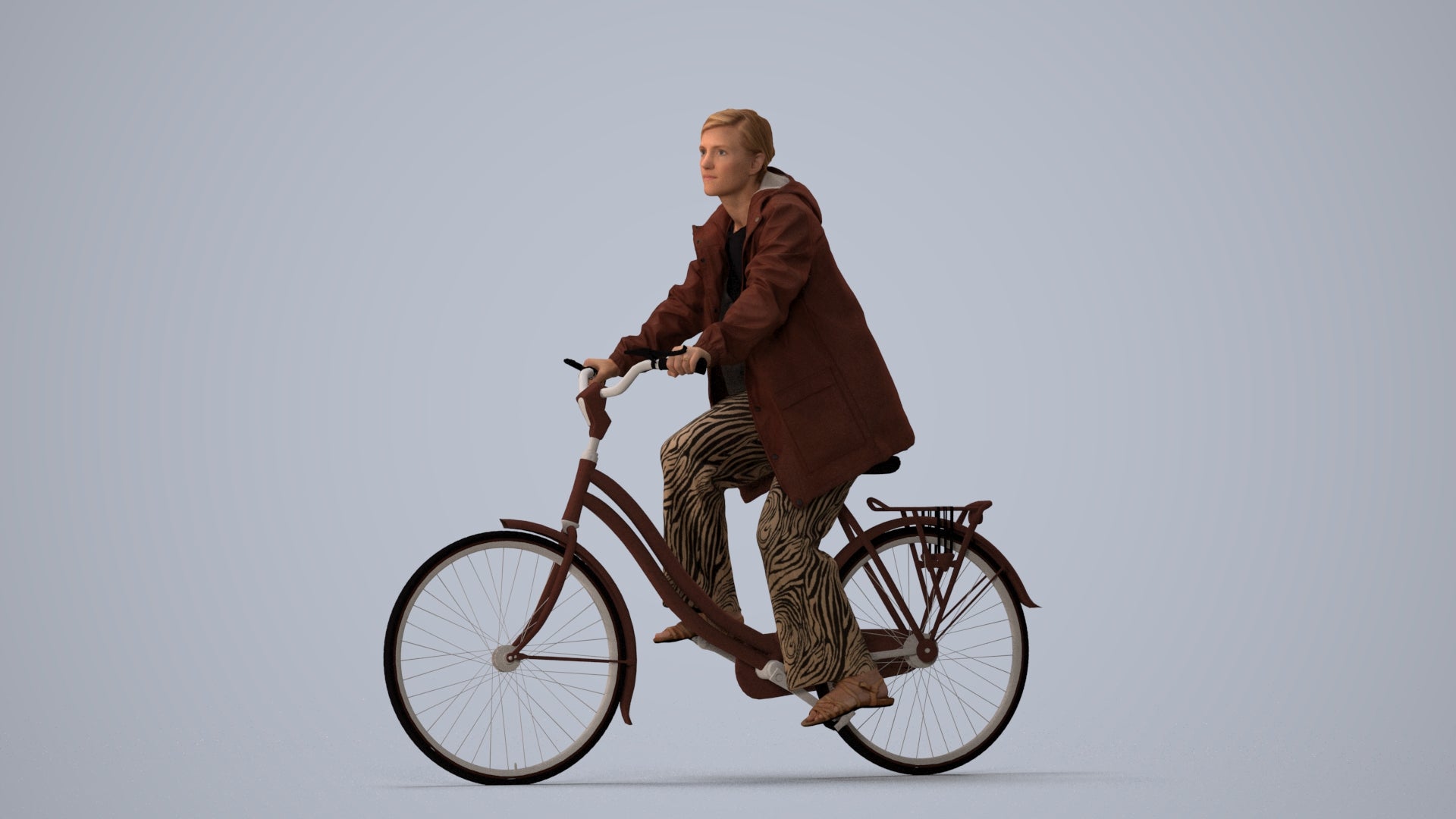 3D people model woman casual cycling, scanned human for 3ds Max rendering, three-quarter view render