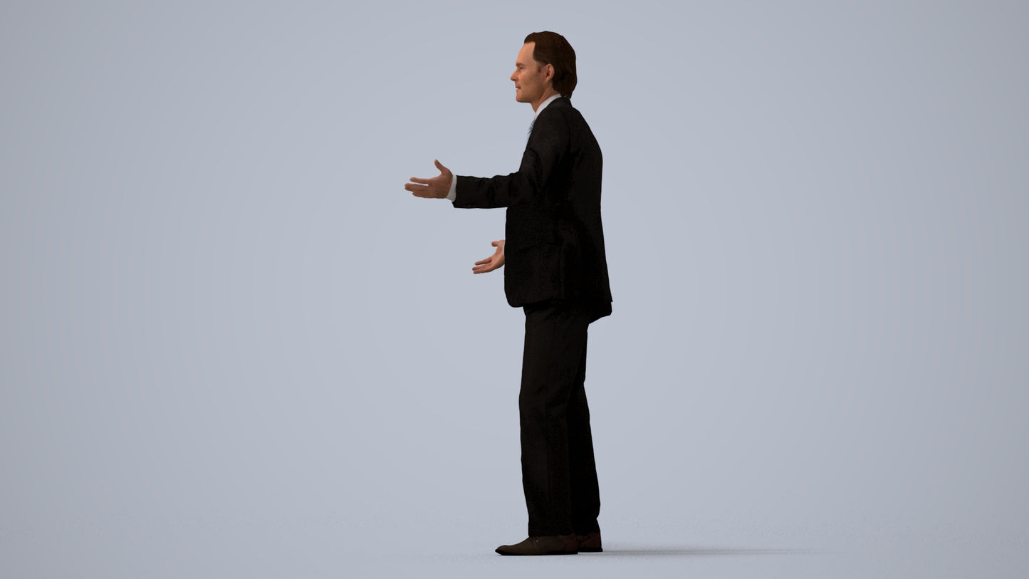 3D human model man business, photogrammetry scanned person for archviz, three-quarter view render