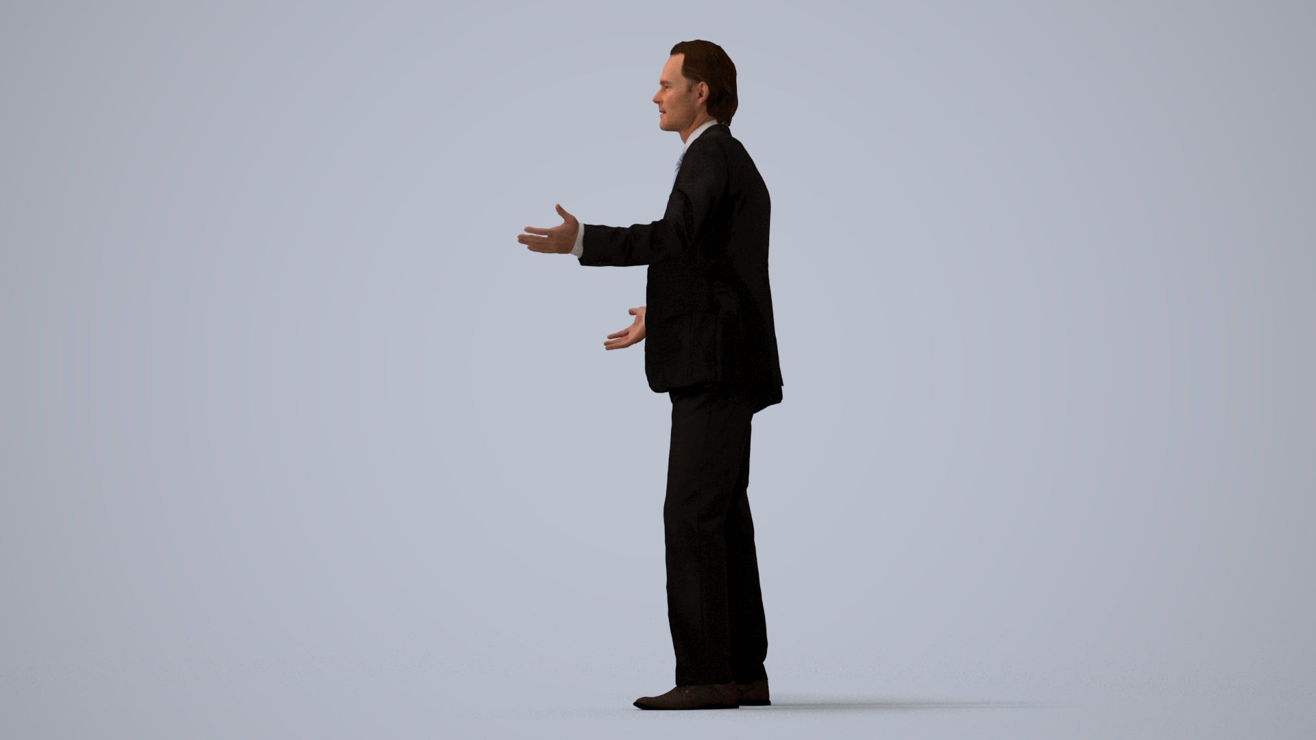 3D human model man business, photogrammetry scanned person for archviz, three-quarter view render