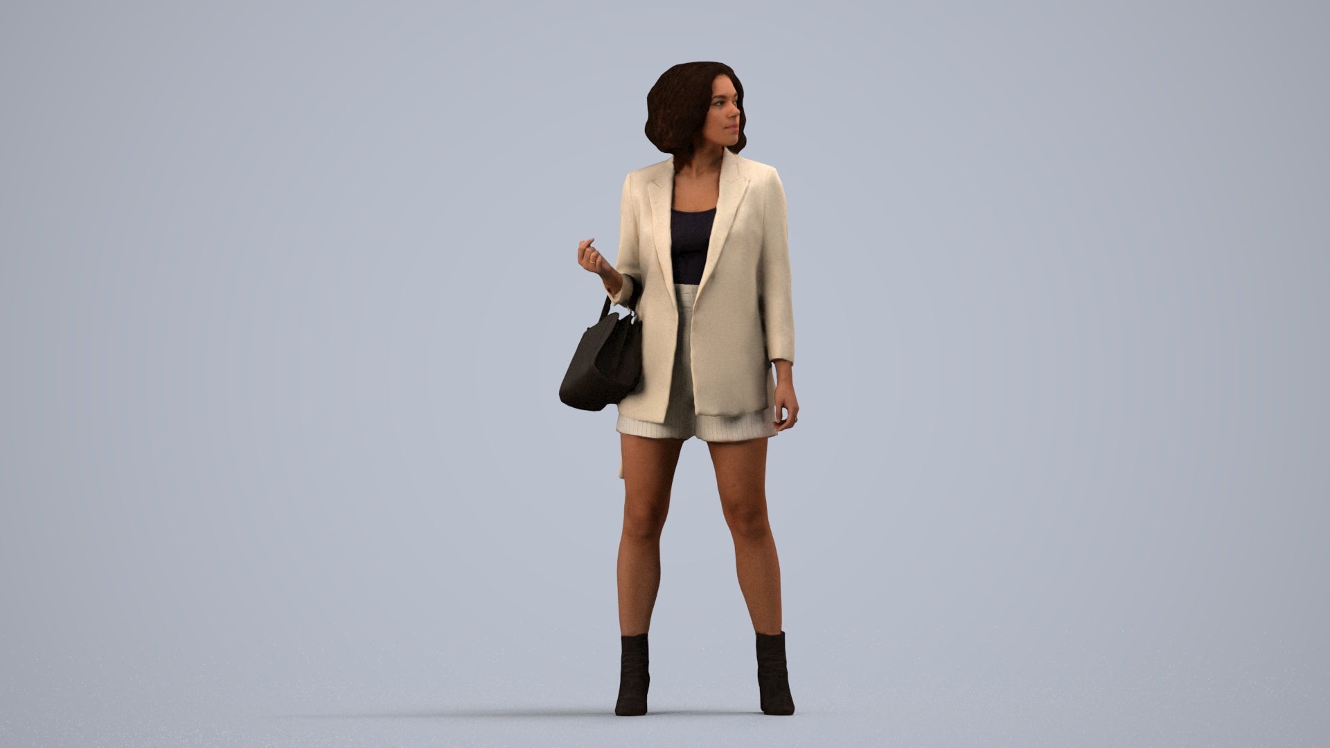realistic 3D woman business standing, scanned archviz people for Blender and 3ds Max, side view render