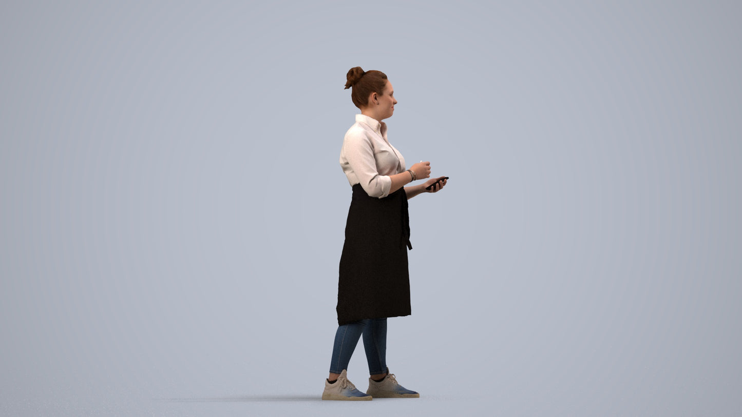 3D human model woman standing, photogrammetry scanned person for archviz, side view render