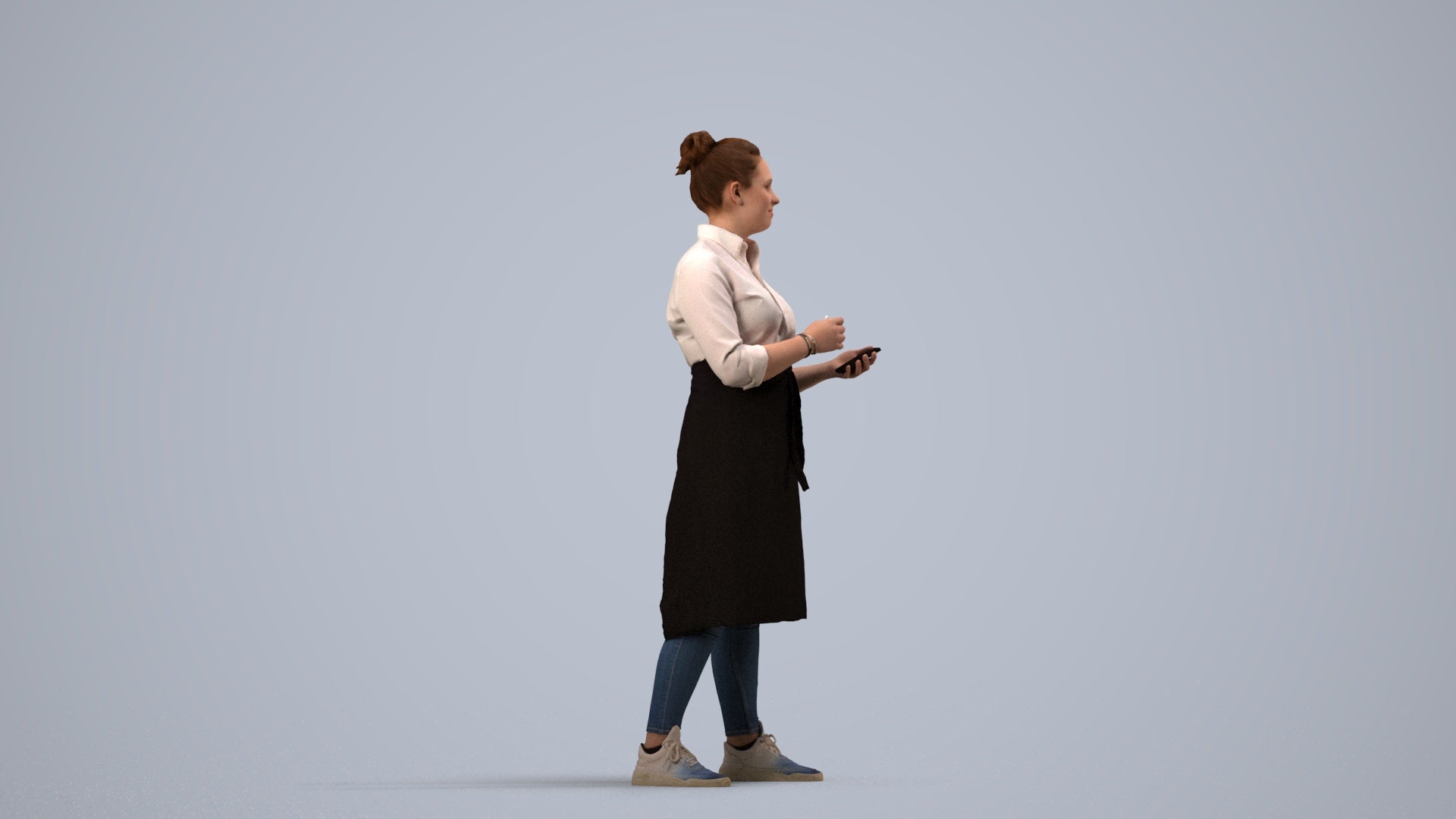 3D human model woman standing, photogrammetry scanned person for archviz, side view render