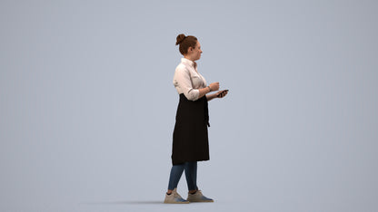3D human model woman standing, photogrammetry scanned person for archviz, side view render