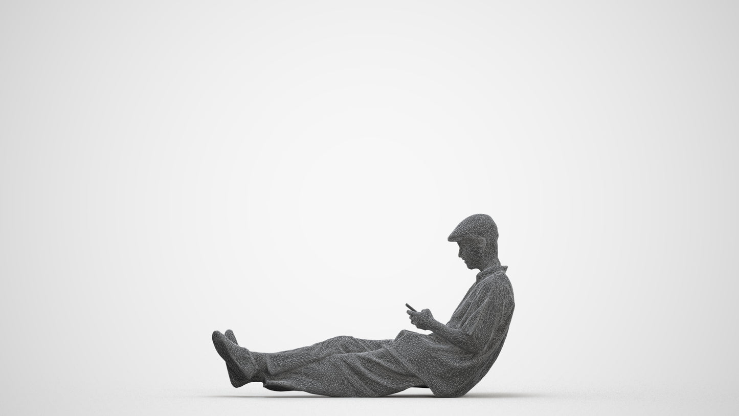 photogrammetry 3D man casual sitting, realistic human model archviz FBX, three-quarter front view render