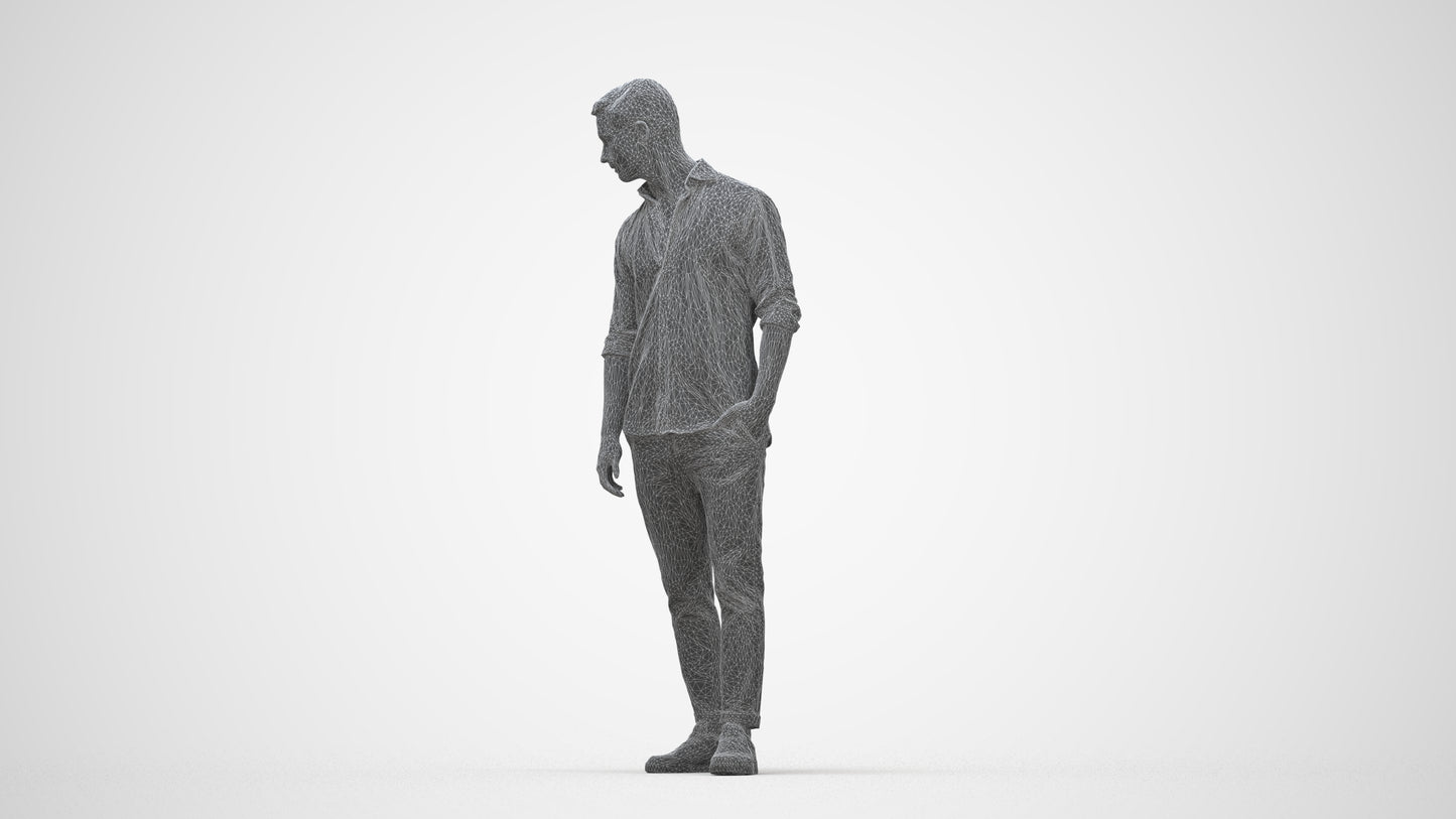 realistic 3D people man casual standing, render-ready for V-Ray and Corona, FBX OBJ, wireframe back view