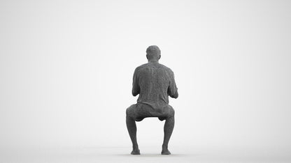 3D human model man casual sitting, photogrammetry scanned person for archviz, wireframe front view
