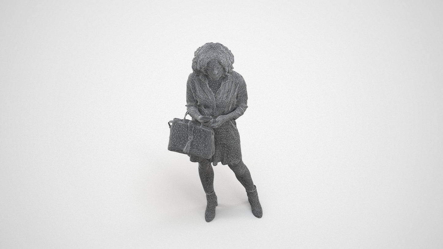 3D scanned woman standing casual, photorealistic archviz people for Enscape and SketchUp, wireframe three-quarter view