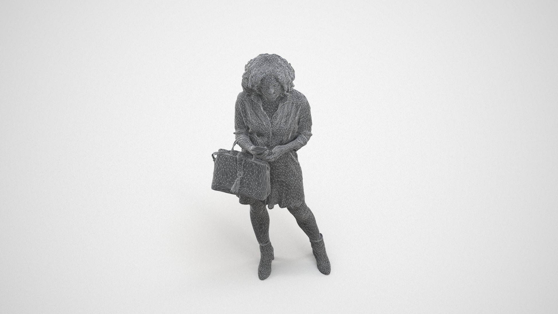 3D scanned woman standing casual, photorealistic archviz people for Enscape and SketchUp, wireframe three-quarter view