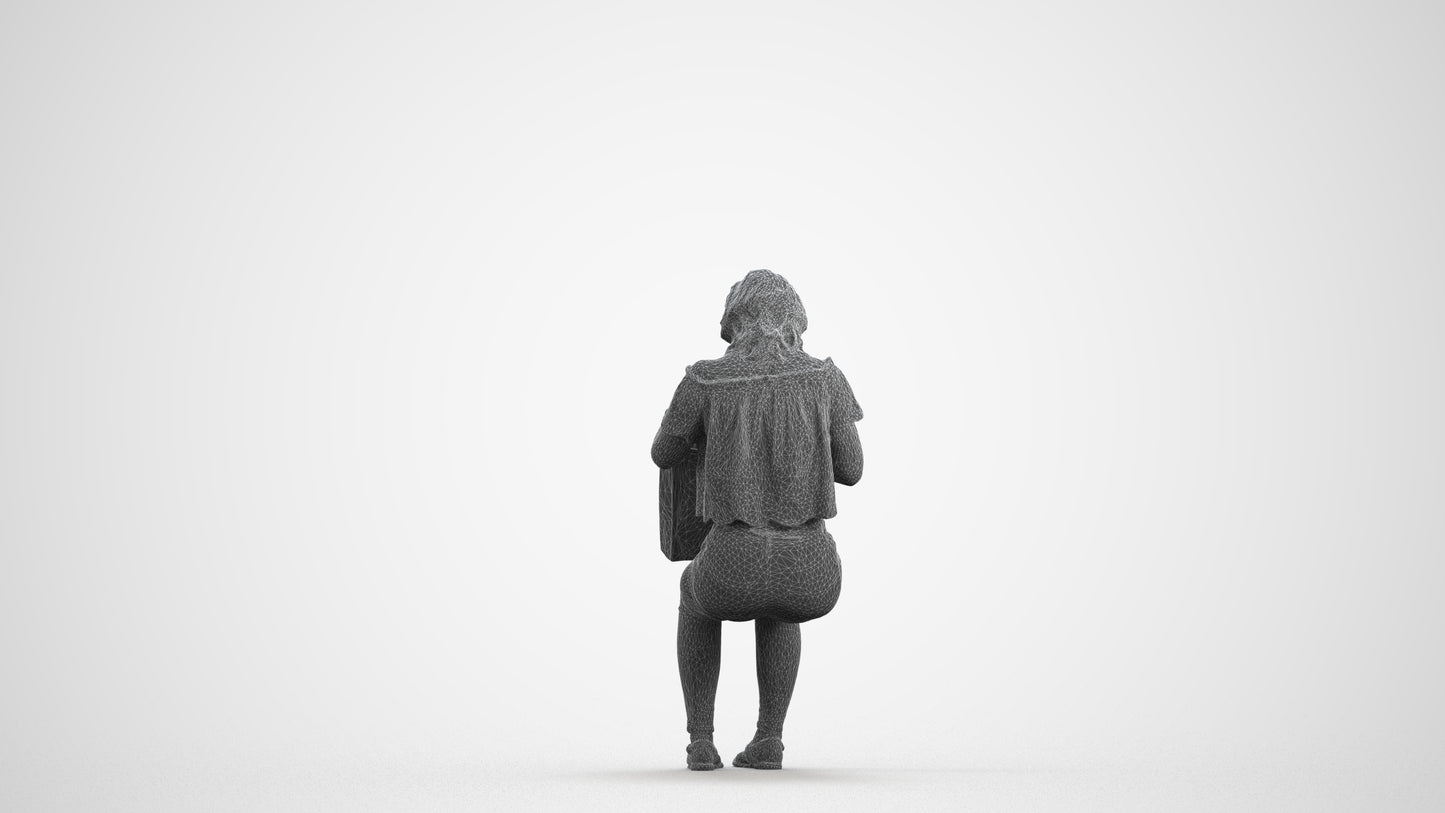 3D human model woman casual sitting, photogrammetry scanned person for archviz, wireframe front view