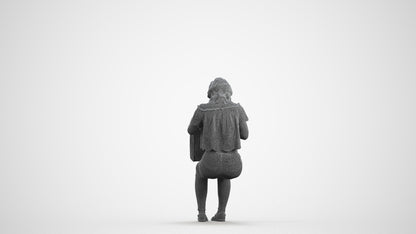 3D human model woman casual sitting, photogrammetry scanned person for archviz, wireframe front view
