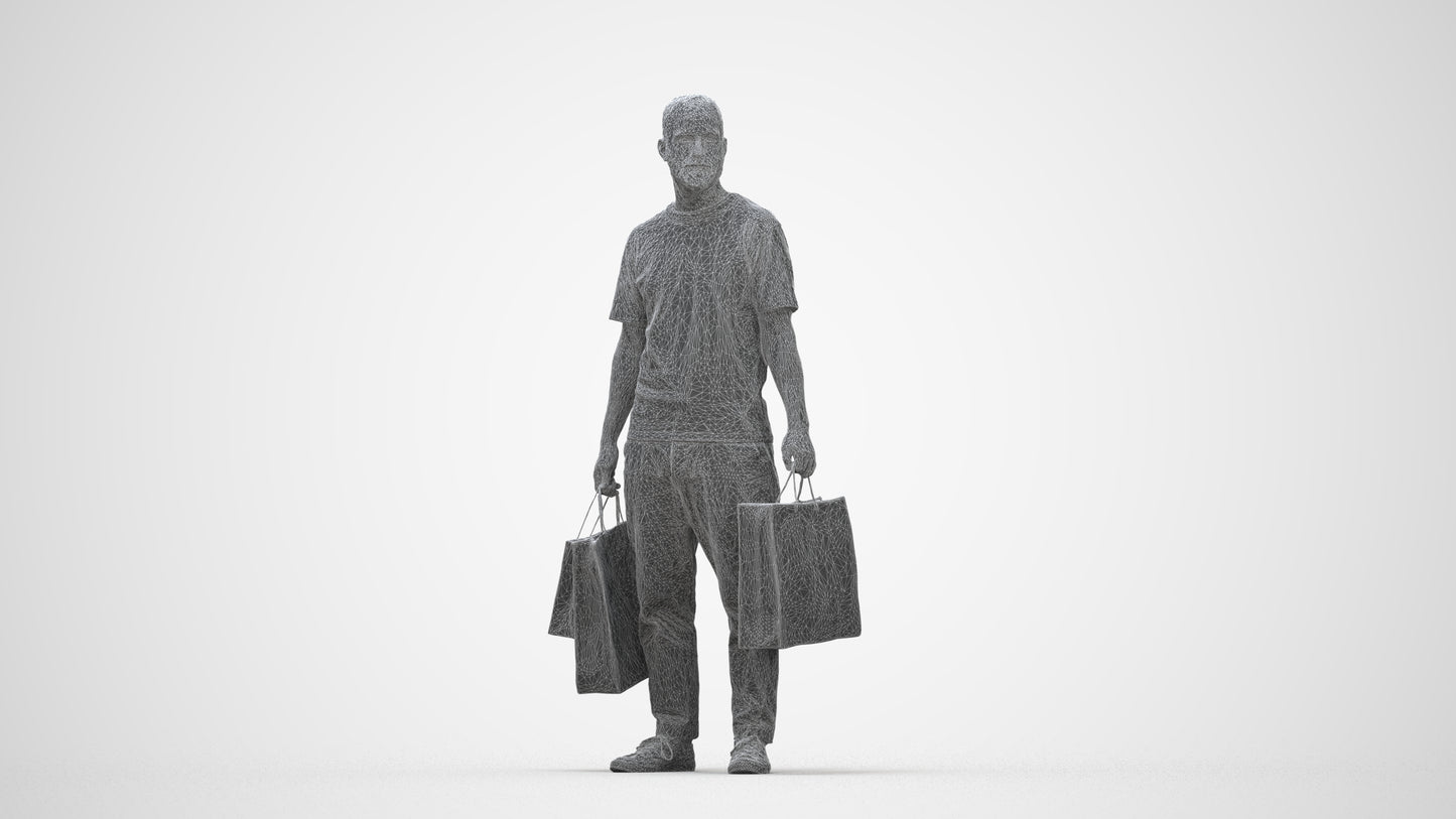 3D people model man casual shopping, scanned human for 3ds Max rendering, wireframe back view