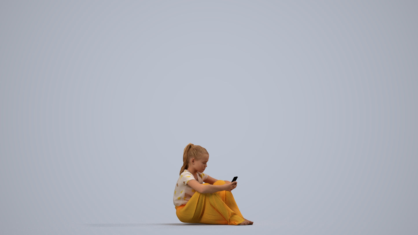 3D human model girl casual kids, photogrammetry scanned person for archviz, side view render