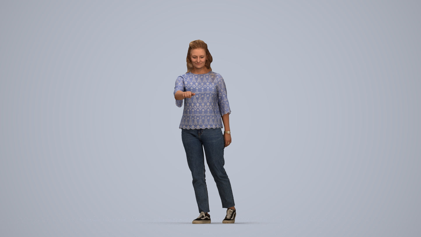 3D human model woman casual mix, photogrammetry scanned person for archviz, top-down view render