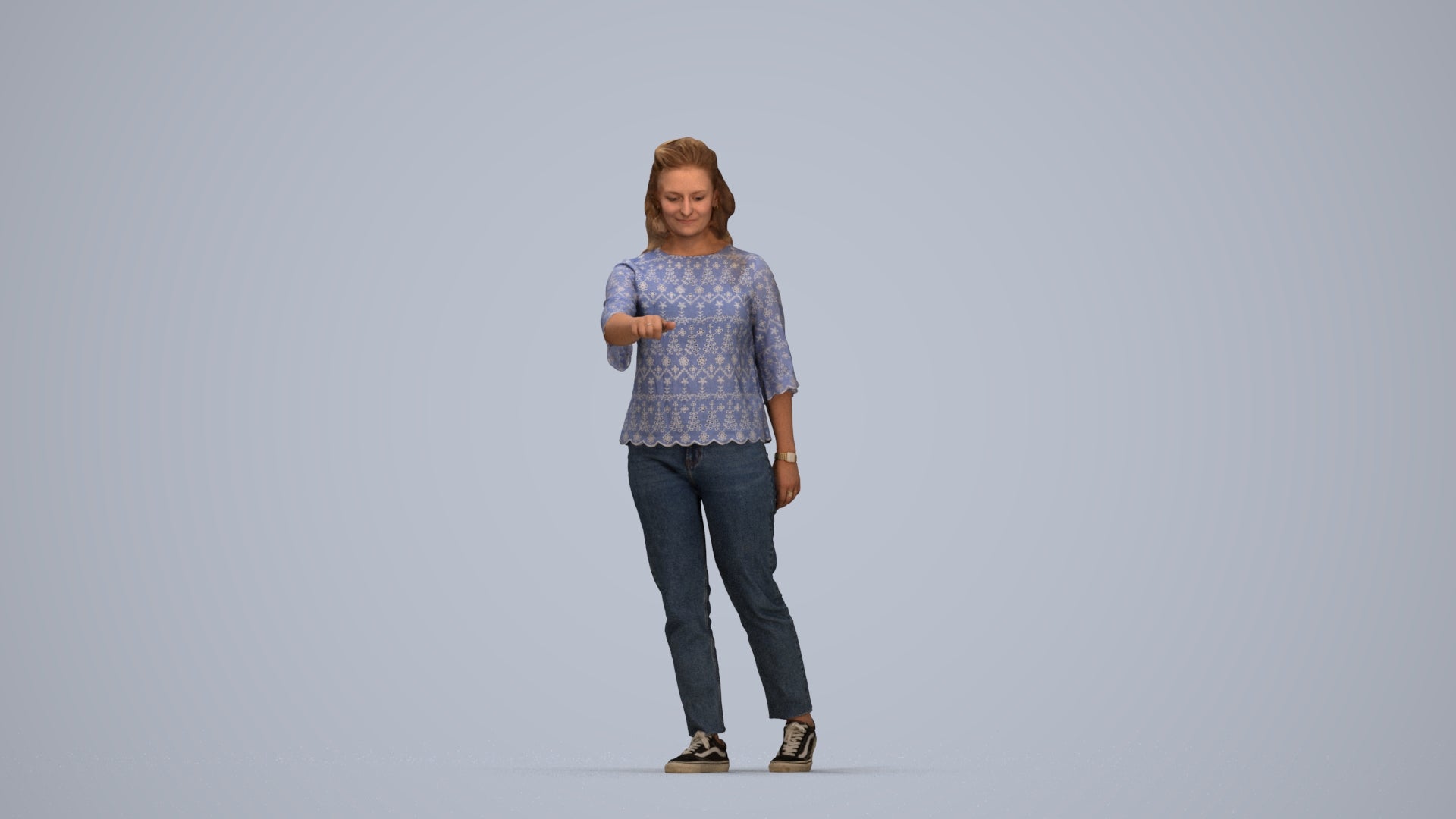 3D human model woman casual mix, photogrammetry scanned person for archviz, top-down view render