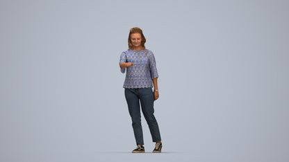 3D human model woman casual mix, photogrammetry scanned person for archviz, top-down view render