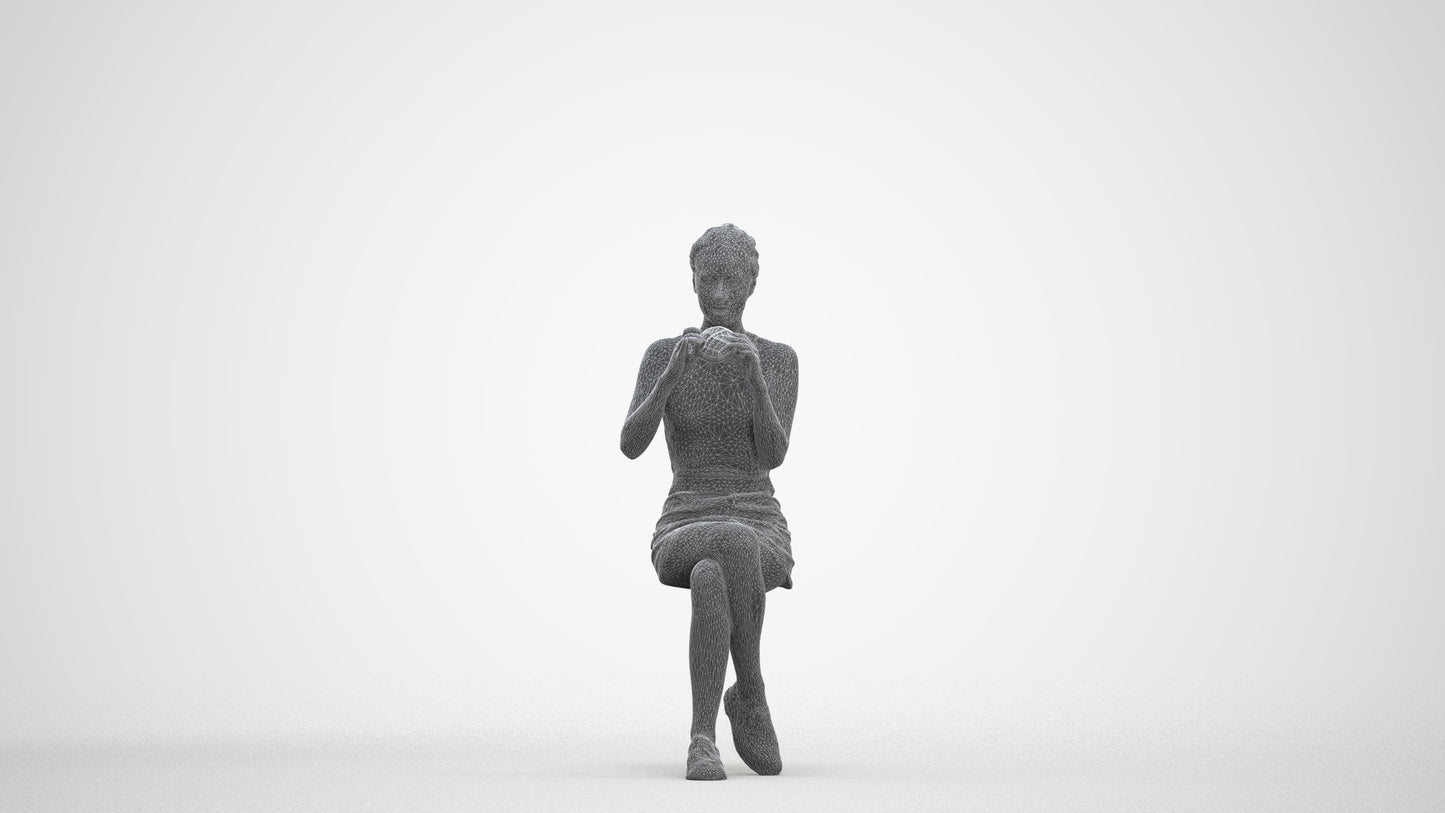 3D human model woman casual sitting, photogrammetry scanned person for archviz, three-quarter front view render