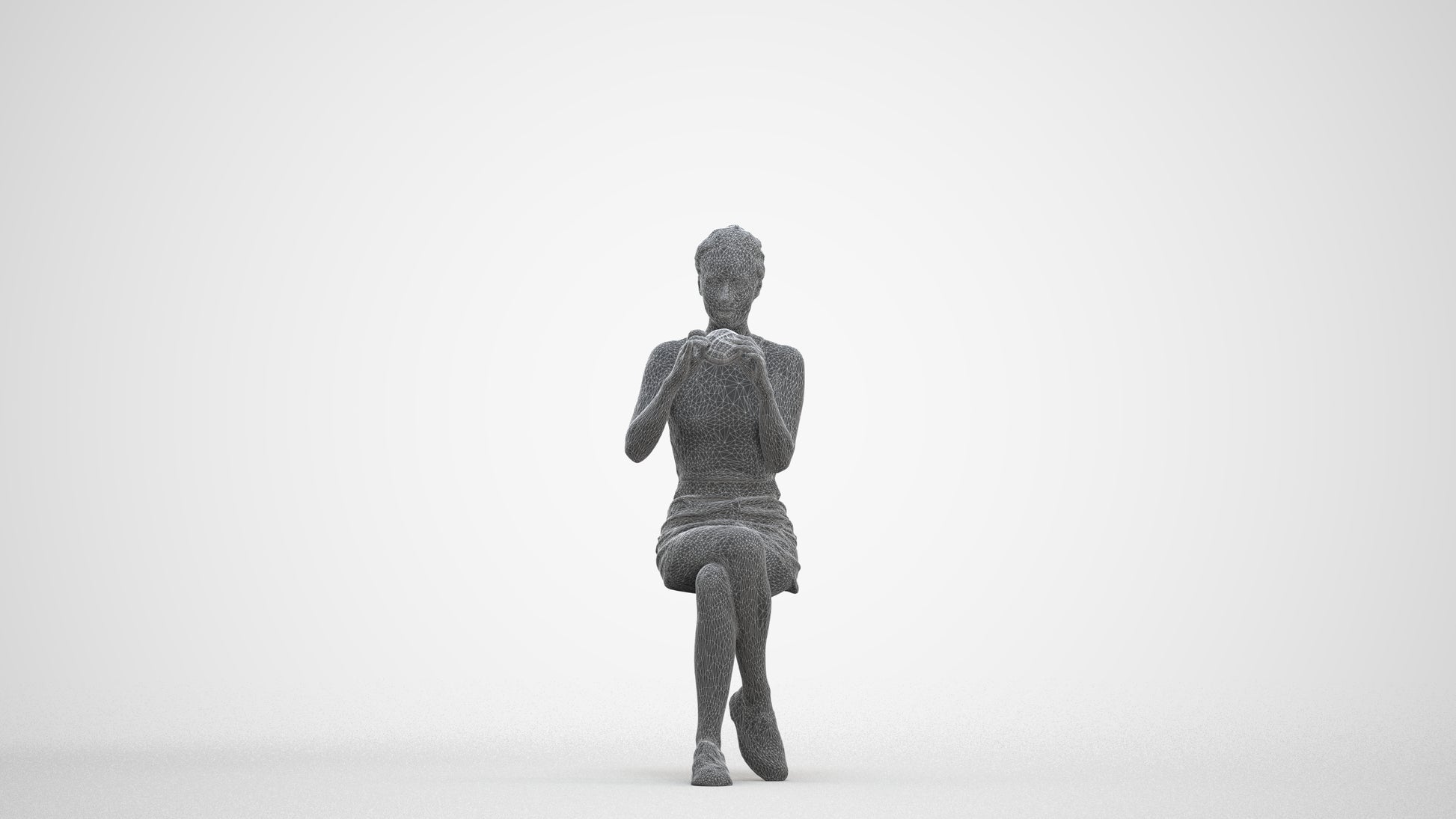 3D human model woman casual sitting, photogrammetry scanned person for archviz, three-quarter front view render