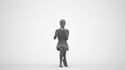 3D human model woman casual sitting, photogrammetry scanned person for archviz, three-quarter front view render