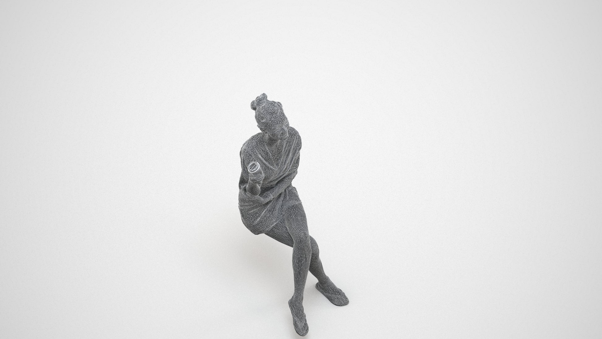 3D people model woman casual sitting, scanned human for 3ds Max rendering, wireframe three-quarter view