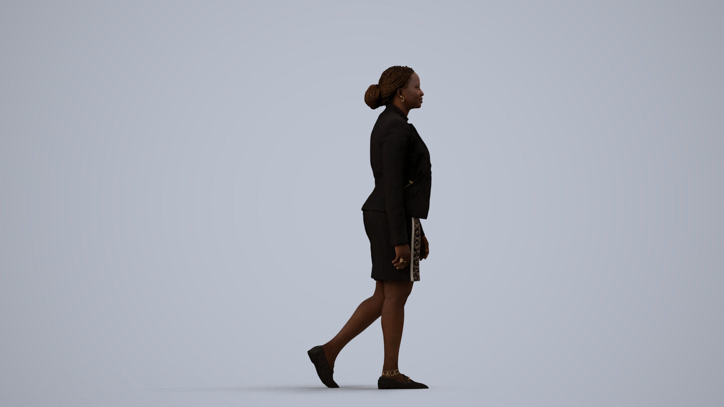 realistic 3D human woman business walking, archviz people FBX OBJ for Blender, side view render