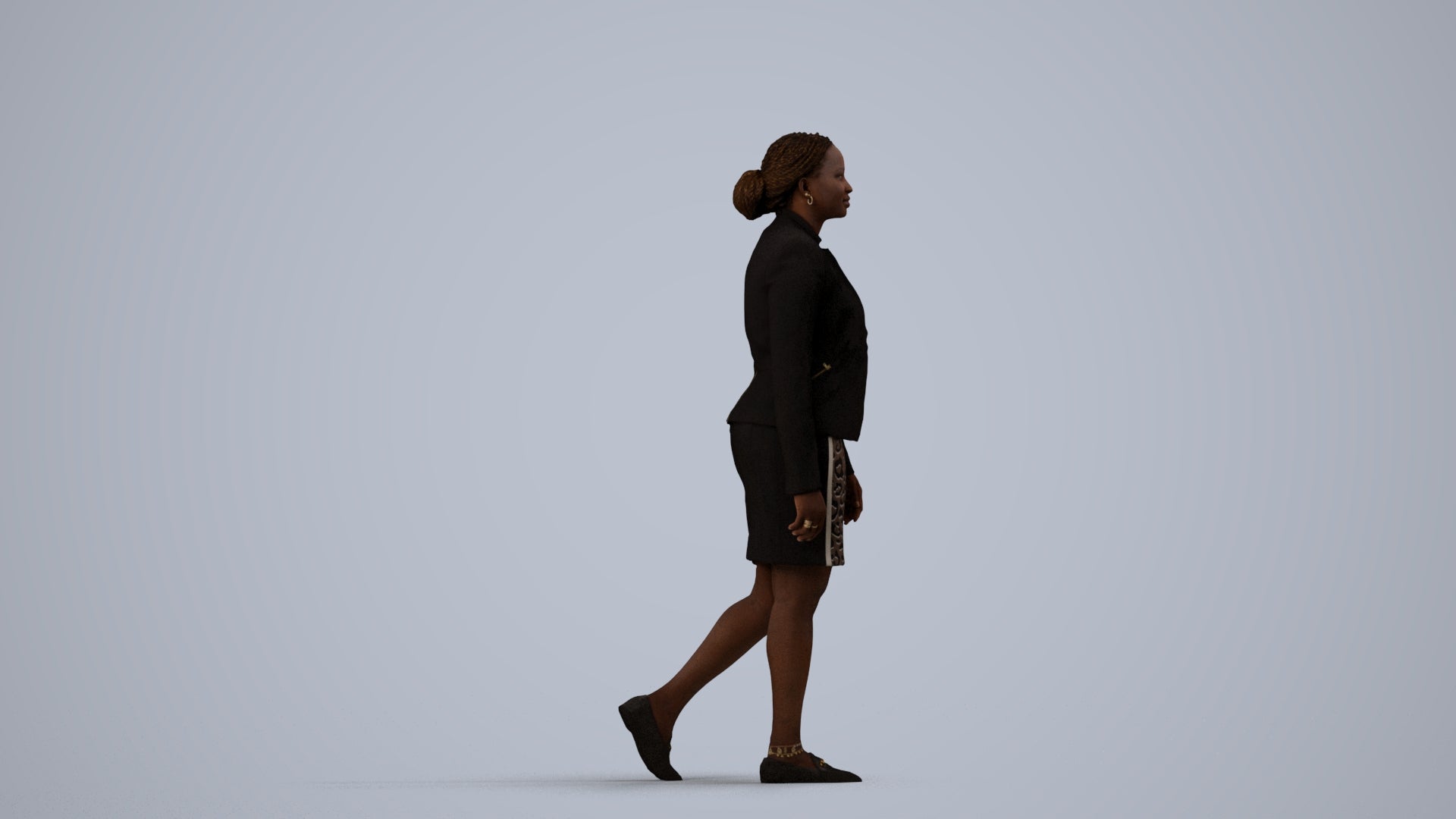 realistic 3D human woman business walking, archviz people FBX OBJ for Blender, side view render