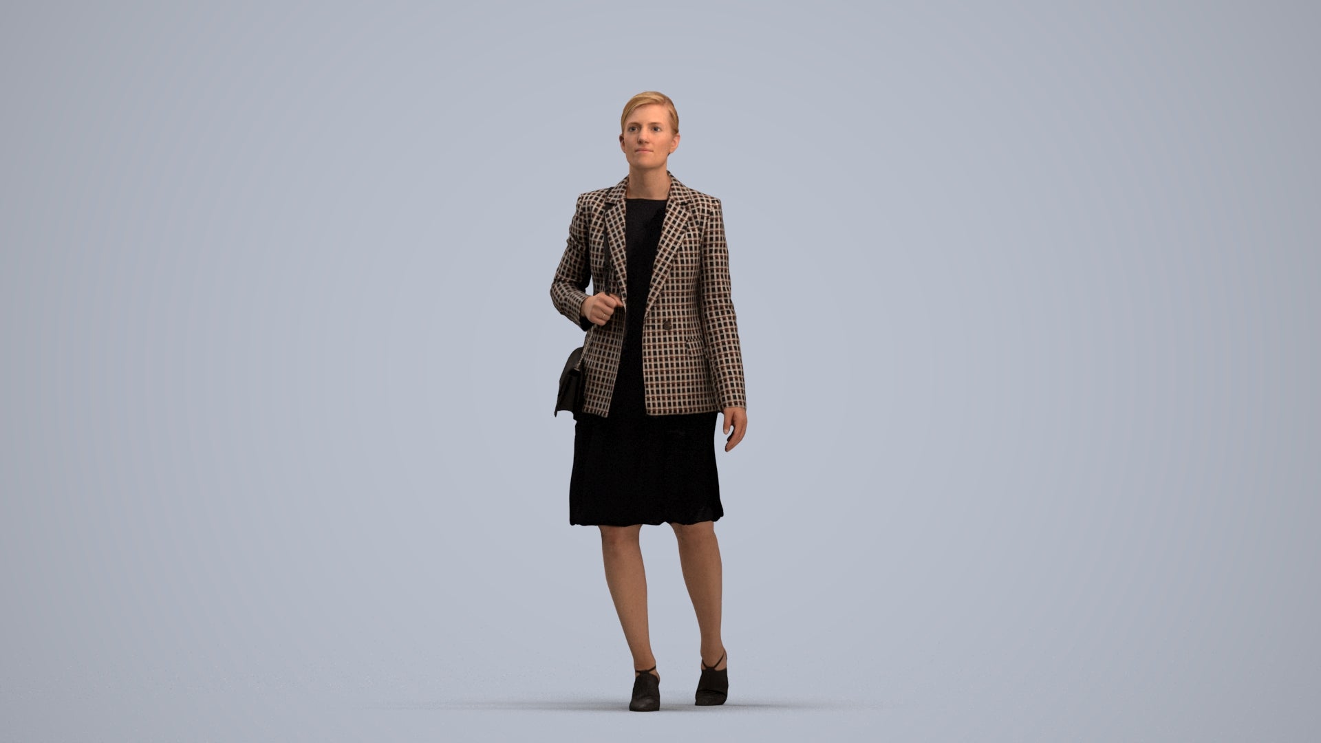 photogrammetry 3D woman business walking, realistic human model archviz FBX, standing pose render