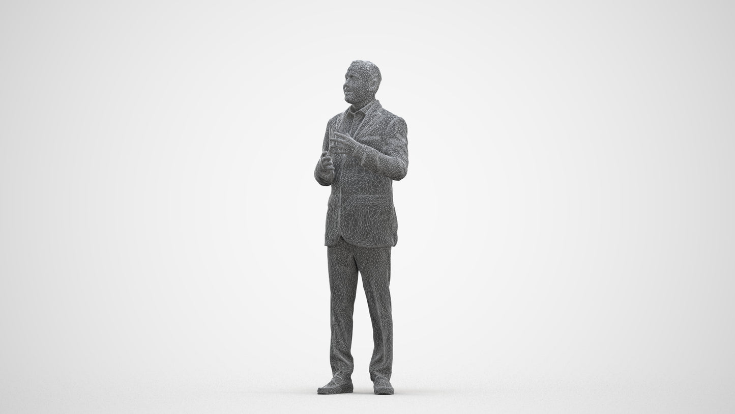 3D human model man formal standing, photogrammetry scanned person for archviz, three-quarter front view render