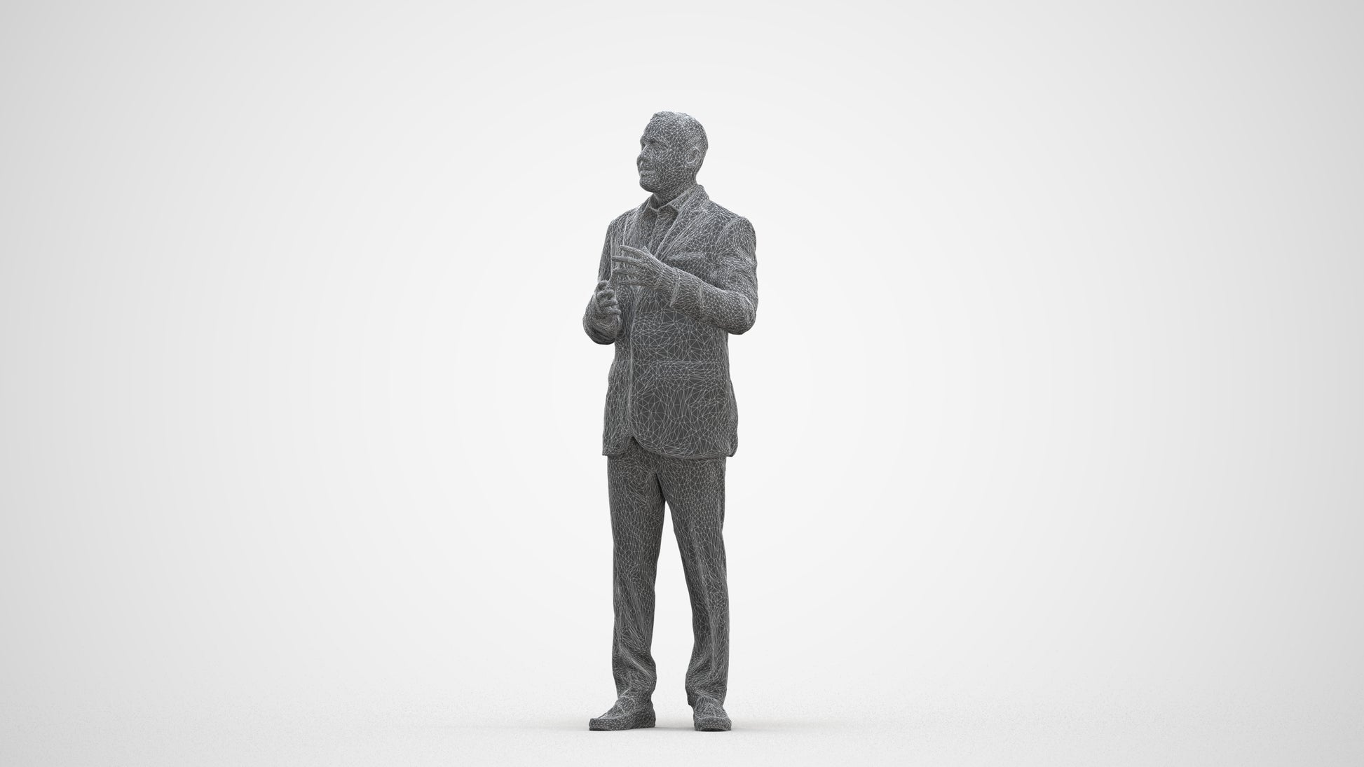 3D human model man formal standing, photogrammetry scanned person for archviz, three-quarter front view render