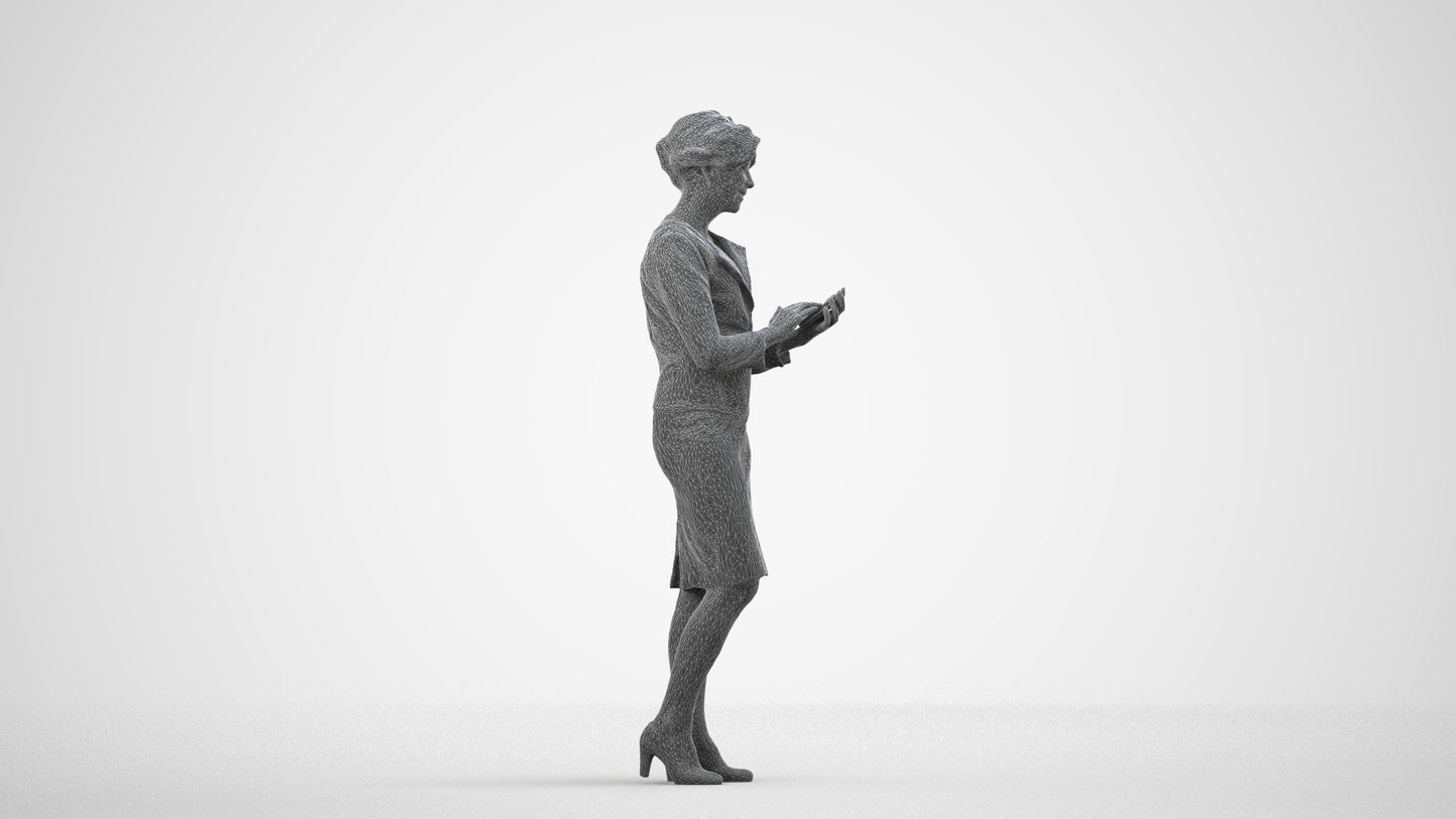 3D scanned woman standing business, photorealistic archviz people for Enscape and SketchUp, wireframe side view