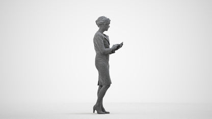 3D scanned woman standing business, photorealistic archviz people for Enscape and SketchUp, wireframe side view