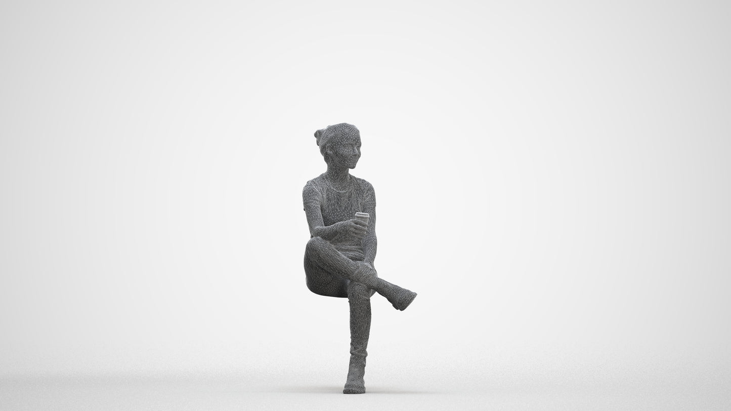 realistic 3D human woman casual sitting, archviz people FBX OBJ for Blender, three-quarter front view render