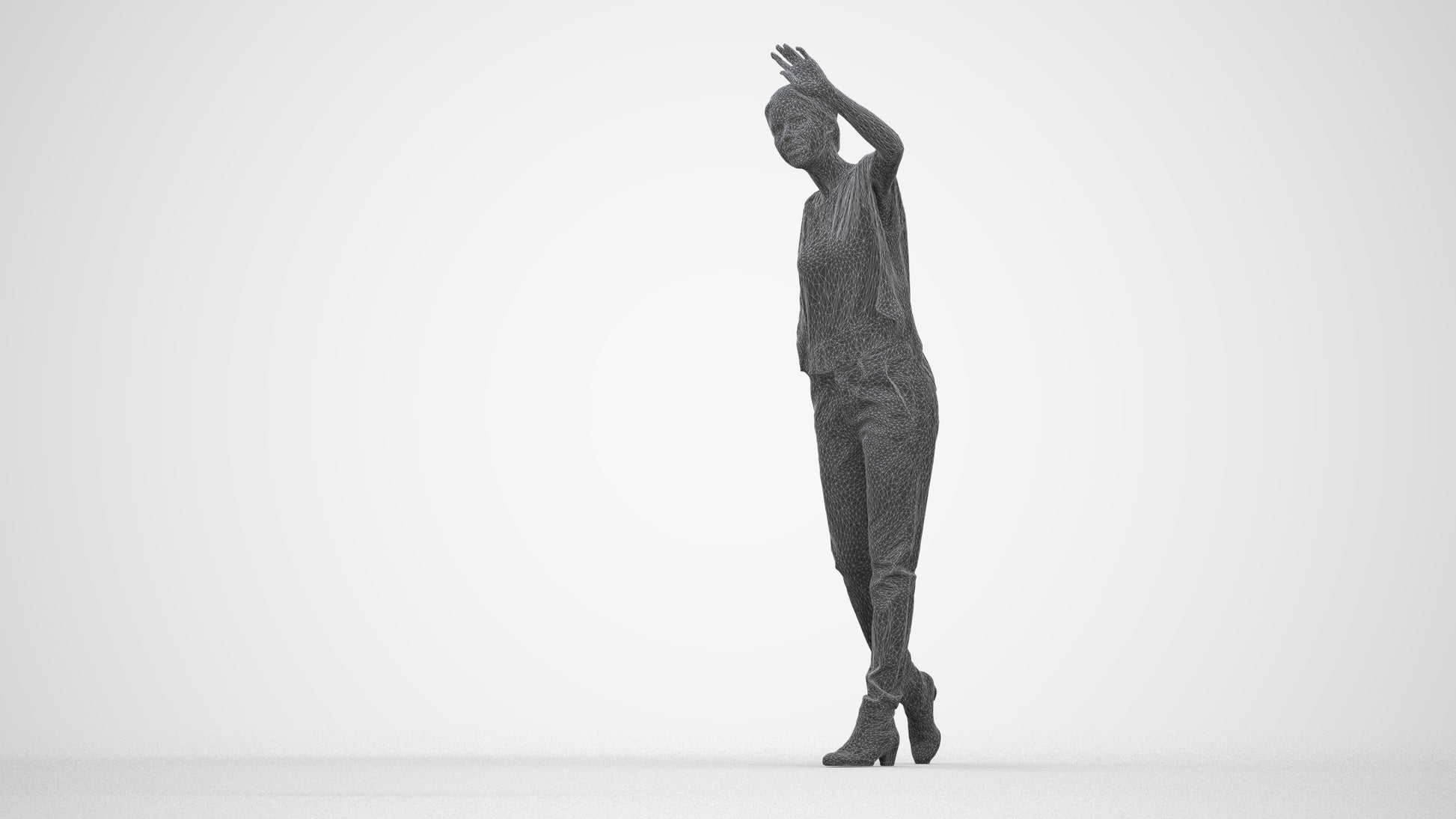 3D scanned woman standing casual, photorealistic archviz people for Enscape and SketchUp, wireframe back view