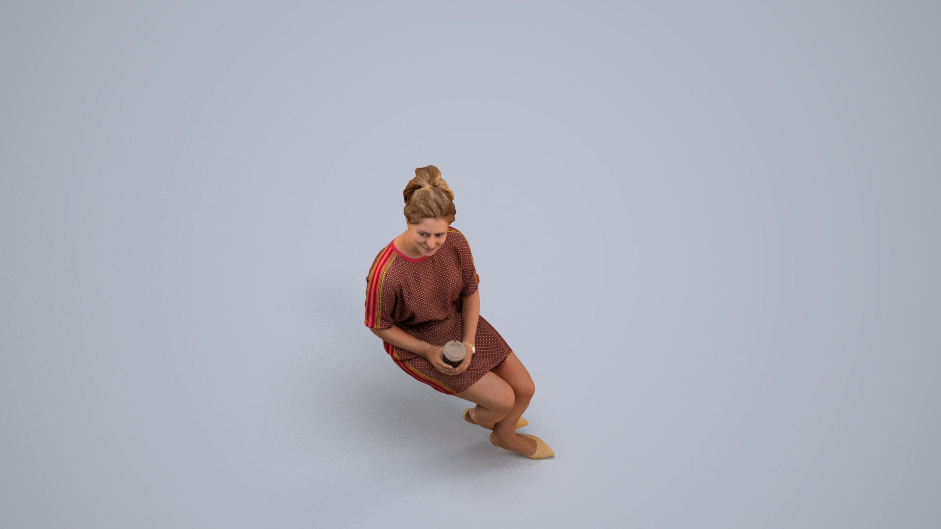 3D human model woman casual sitting, photogrammetry scanned person for archviz, back view render