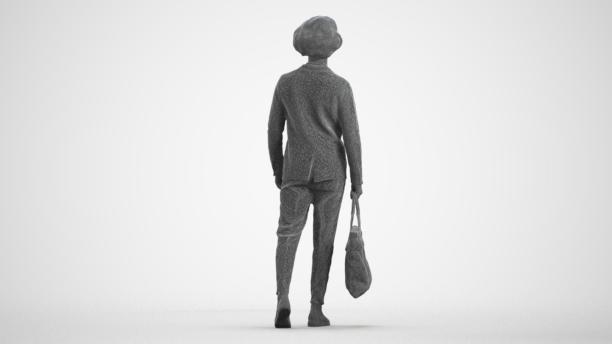 3D human model man business walking, photogrammetry scanned person for archviz, wireframe front view